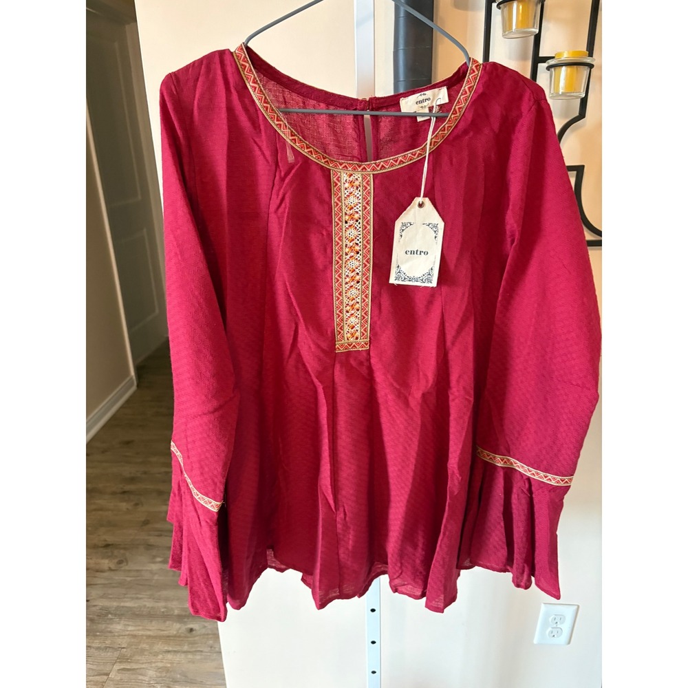 Entro Burgundy Boho Embroidered Bell Sleeve Blouse Top Medium NWT
